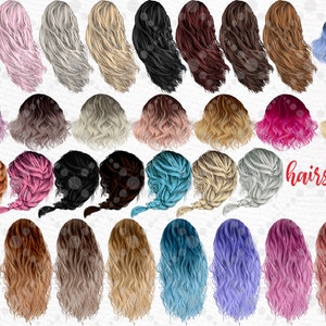 Peut inclure: Un ensemble de 30 coiffures diff&eacute;rentes pour la conception num&eacute;rique. Les coiffures sont de diff&eacute;rentes couleurs, notamment le rose, le bleu, le brun et le noir. Les coiffures sont toutes de style ondul&eacute;.