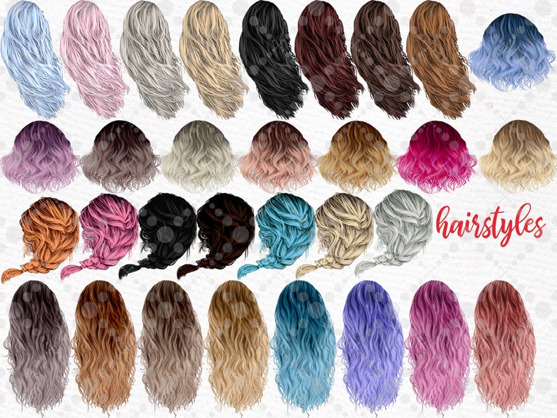 Peut inclure: Un ensemble de 30 coiffures diff&eacute;rentes pour la conception num&eacute;rique. Les coiffures sont de diff&eacute;rentes couleurs, notamment le rose, le bleu, le brun et le noir. Les coiffures sont toutes de style ondul&eacute;.