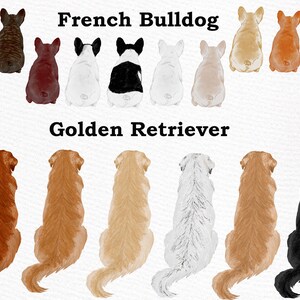 May include: A digital illustration of 10 dogs sitting in a row. The first 6 dogs are French Bulldogs in various colors, including black, brown, red, white, and tan. The last 4 dogs are Golden Retrievers in various colors, including brown, gold, white, and black.