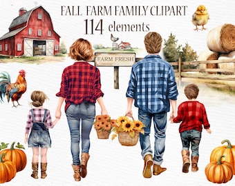 Autumn Farm Family Clipart: Watercolor Thanksgiving PNG (114 Files)