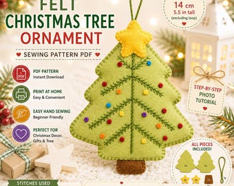 Felt Christmas Tree Sewing Pattern, Christmas Ornament PDF, Felt Tree Pattern, DIY Holiday Felt Craft, Hand Sewing Pattern