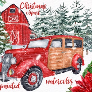 Watercolor Christmas Vintage Car clipart: &quot;CHRISTMAS RETRO CAR&quot; Pine Forest,Christmas Wreaths,Red Farm House,Winter landscape,Winter clipart