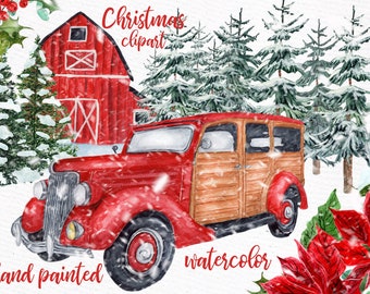 Watercolor Christmas Vintage Car clipart: "CHRISTMAS RETRO CAR" Pine Forest,Christmas Wreaths,Red Farm House,Winter landscape,Winter clipart