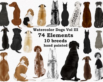May include: Watercolor illustrations of 74 different dog breeds, including a pug, a dachshund, a labrador, a dalmatian, and a doberman. The illustrations are hand-painted and feature a variety of colors and patterns.