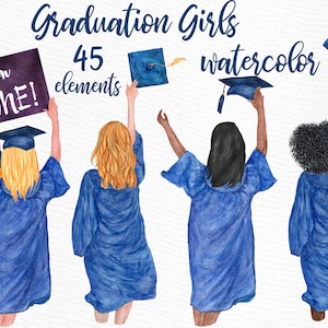 Clipart de formatura: "GRADUATING GIRLS" Aquarela meninas Formatura Chapéu Graduação Toga Planner Adesivos Estilos de cabelo Graduação Faculdade Sênior