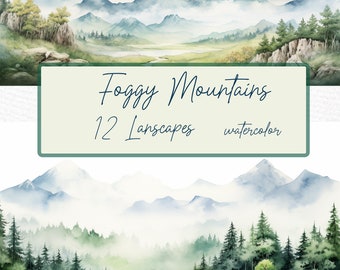 Watercolor Forest Clipart: Foggy Mountain Landscape Scenes (PNG Files)