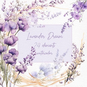 Clipart floreale di lavanda dell'acquerello: "FLOWERS WILD FLOWERS CLIPART" Bordi di lavanda Png Premade Clipart Fiori selvatici viola Cornici floreali di lavanda