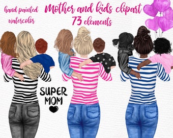 Mother and children clipart: "MOTHER'S DAY CLIPART" Fashion clipart Super mom clipart Little Girls Little Boy Mom life clipart Diy invite