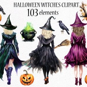Clipart de Halloween: "WITCHES CLIPART" Chicas de Halloween Png Brujería clipart Jack o linterna Sombreros de bruja Png Cuervo negro Png Sublimaciones de brujas
