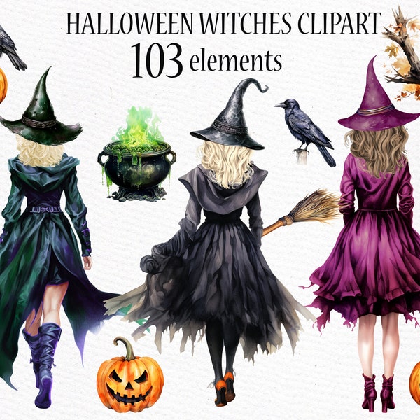 Halloween clipart: "WITCHES CLIPART" Halloween girls Png Witchcraft clipart Jack o lantern Witch hats Png Black raven Png Witch Sublimations