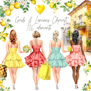 Aquarela Lemon Clipart Bundle: "SPRING FASHION GIRLS" Gráficos cítricos Sumer Clipart Summer Girls Png Spring Season Lemon Food Clipart
