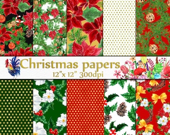 Christmas digital papers: "CHRISTMAS PAPERS" Floral watercolor papers Hand painted Poinsettias papers Christmas background Winter decor