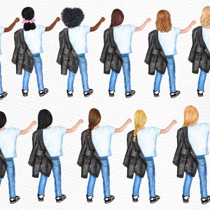 Op de afbeelding: Tien aquarel illustraties van meisjes die blauwe jeans, witte T-shirts en zwarte leren jassen dragen. De meisjes kijken weg van de kijker en hebben verschillende haarkleuren en stijlen.