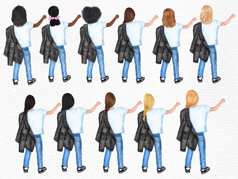 Op de afbeelding: Tien aquarel illustraties van meisjes die blauwe jeans, witte T-shirts en zwarte leren jassen dragen. De meisjes kijken weg van de kijker en hebben verschillende haarkleuren en stijlen.