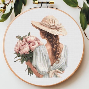 Girl with bouquet cross stitch pattern Pdf: &quot;GIRL CROSS STITCH&quot; Flower Cross Stitch Pattern Girl Cross Stitch Women and flowers cross stitch