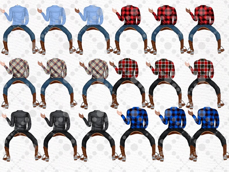 May include: A set of 12 digital illustrations of different colored shirts with a cowboy theme. The shirts are all in a sitting position with their arms raised. The shirts are in various colors, including blue, red, black, and plaid.