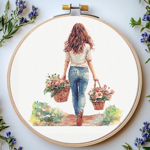 Girl with flowers cross stitch pattern Pdf: &quot;GIRL CROSS STITCH&quot; Flower Cross Stitch Pattern Girl Cross Stitch Women and flowers cross stitch