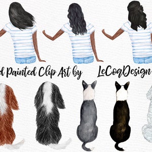 May include: Digital illustration of three women with long black hair wearing blue and white striped shirts and blue jeans, standing with their arms around each other. Below them are five dogs sitting in a row, including a brown and white Cavalier King Charles Spaniel, a black and white Cavalier King Charles Spaniel, a gray and white Border Collie, a black and white Border Collie, and a white Poodle.