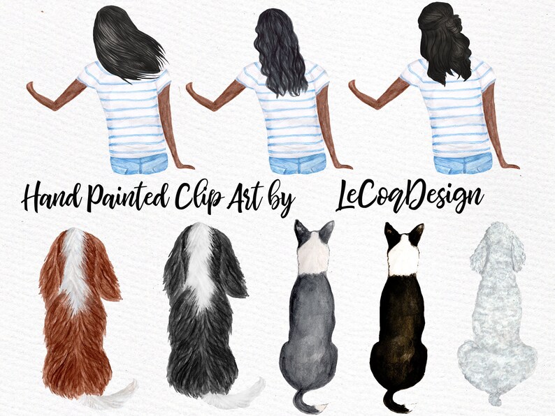 May include: Digital illustration of three women with long black hair wearing blue and white striped shirts and blue jeans, standing with their arms around each other. Below them are five dogs sitting in a row, including a brown and white Cavalier King Charles Spaniel, a black and white Cavalier King Charles Spaniel, a gray and white Border Collie, a black and white Border Collie, and a white Poodle.