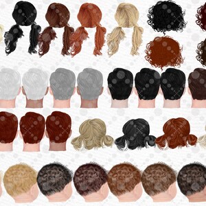 May include: A set of 20 digital illustrations of different hairstyles for creating family portraits. The illustrations include various hair colors, styles, and lengths for both men and women.