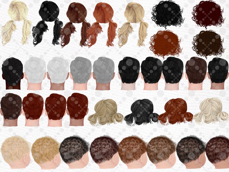 May include: A set of 20 digital illustrations of different hairstyles for creating family portraits. The illustrations include various hair colors, styles, and lengths for both men and women.