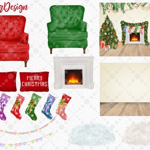 May include: A digital illustration of a Christmas scene with a fireplace, a Christmas tree, and two red armchairs. There are stockings hanging from the fireplace and a sign that says "Merry Christmas".