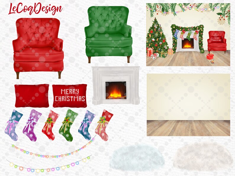May include: A digital illustration of a Christmas scene with a fireplace, a Christmas tree, and two red armchairs. There are stockings hanging from the fireplace and a sign that says "Merry Christmas".