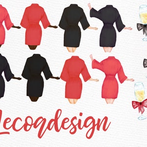 Pode incluir: Ilustra&ccedil;&atilde;o de aquarela de seis pessoas vestindo roup&otilde;es vermelhos e pretos, com quatro ta&ccedil;as de champanhe com la&ccedil;os. O texto "Lecoqdesign" est&aacute; na parte inferior da imagem.