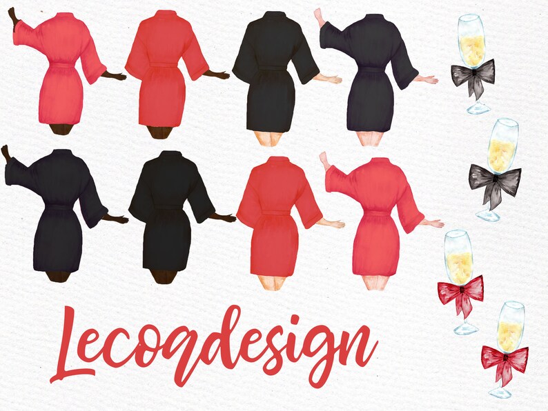 Pode incluir: Ilustra&ccedil;&atilde;o de aquarela de seis pessoas vestindo roup&otilde;es vermelhos e pretos, com quatro ta&ccedil;as de champanhe com la&ccedil;os. O texto "Lecoqdesign" est&aacute; na parte inferior da imagem.