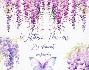 Watercolor Wisteria Clipart: "WISTERIA FLOWERS CLIPART" Wisteria Branches Png Wisteria Frames Wisteria Borders Png Premade Wreaths Clipart