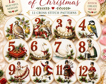 Twelve Days of Christmas Cross Stitch Pattern Set of 12, Christmas Cross Stitch PDF, Holiday Embroidery Pattern,12 Days of Christmas