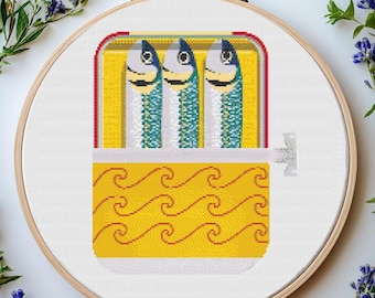 Sardines Can Cross Stitch Pattern: Food Art Kitchen Decor (PDF Pattern)