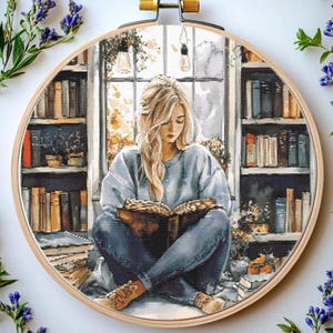 May include: A woman sits in a room with bookshelves, reading a book. She is wearing a blue sweater and jeans. The room is decorated with plants and a window with light streaming in.