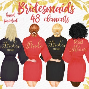 Pode incluir: Quatro mulheres vestindo batas vermelhas e pretas com letras douradas que dizem "Bride", "Bridesmaid" e "Maid of Honor". As batas s&atilde;o pintadas &agrave; m&atilde;o e h&aacute; detalhes de folhas douradas no fundo.