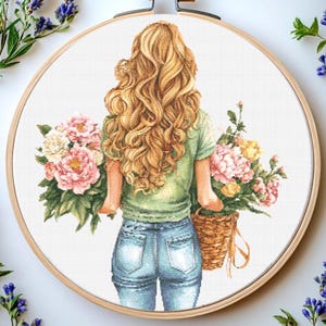 Girl with flowers cross stitch pattern Pdf: &quot;GIRL CROSS STITCH&quot; Flower Cross Stitch Pattern Girl Cross Stitch Women and flowers cross stitch