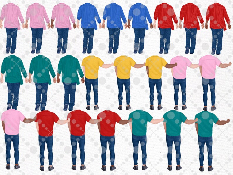 May include: A digital illustration of 30 people standing in a line, holding hands. The people are wearing different colored shirts, including pink, blue, green, yellow, and red. They are all wearing blue jeans.