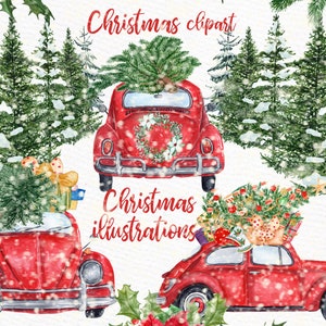 May include: Three red vintage cars with Christmas trees on top, decorated with ornaments and gifts. The cars are driving through a snowy forest with pine trees. The text "Christmas clipart" and "Christmas illustrations" is written on the image.