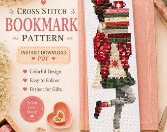 Book Lover Cross Stitch Bookmark Pattern PDF, Girl with Books Cross Stitch, Reading Bookmark Pattern, Instant Download, Bookish Gift