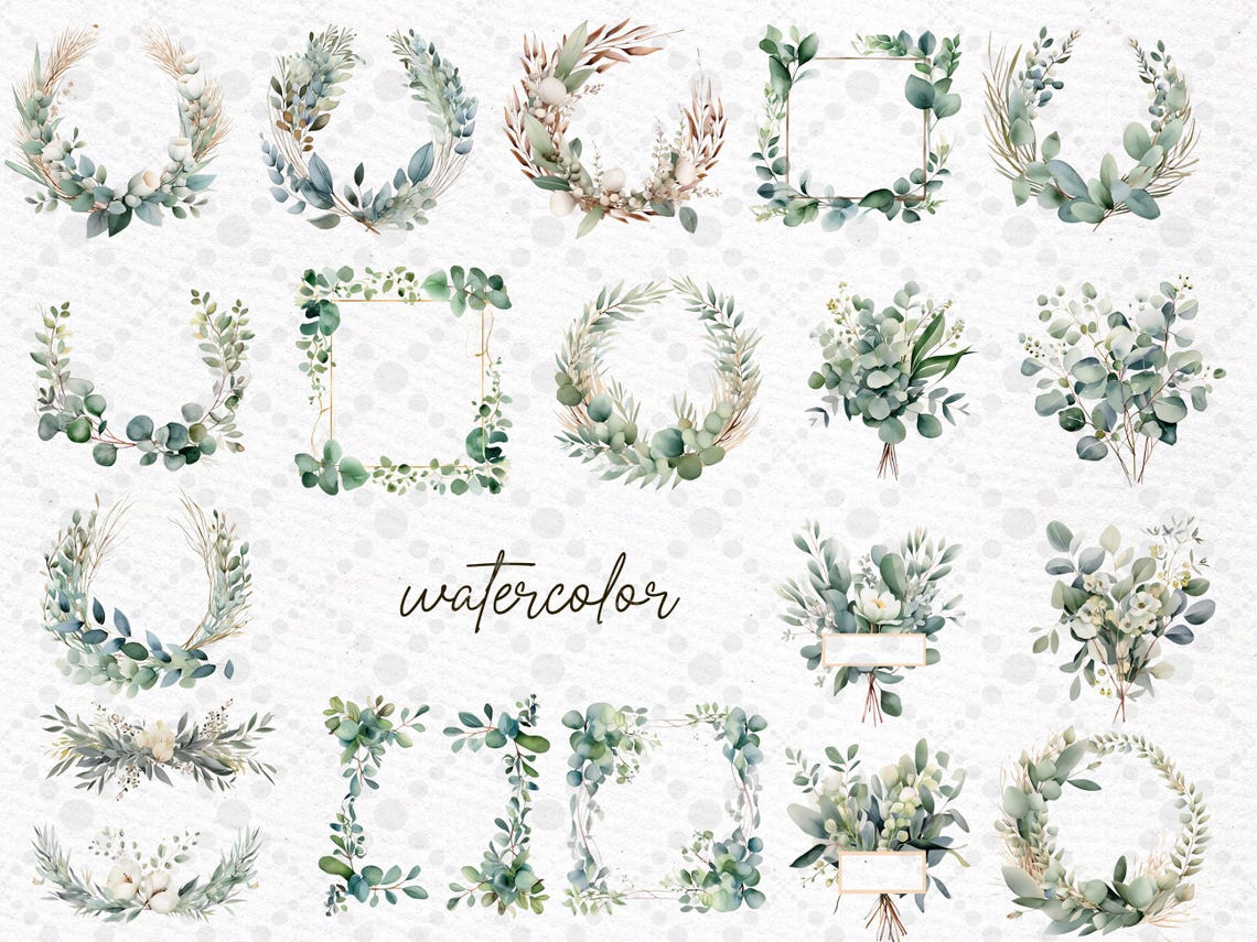 Eucalyptus Watercolor Clipart: Greenery Frames & Wreaths (PNG) - Etsy