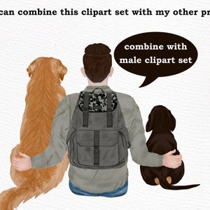 May include: A man with brown hair is standing between two dogs. The dog on the left is a golden retriever and the dog on the right is a black and brown dachshund. The man is wearing a grey shirt and a grey backpack with a camouflage pattern. The man is holding both dogs with his arms. The text "combine with male clipart set" is in a speech bubble above the man's head.