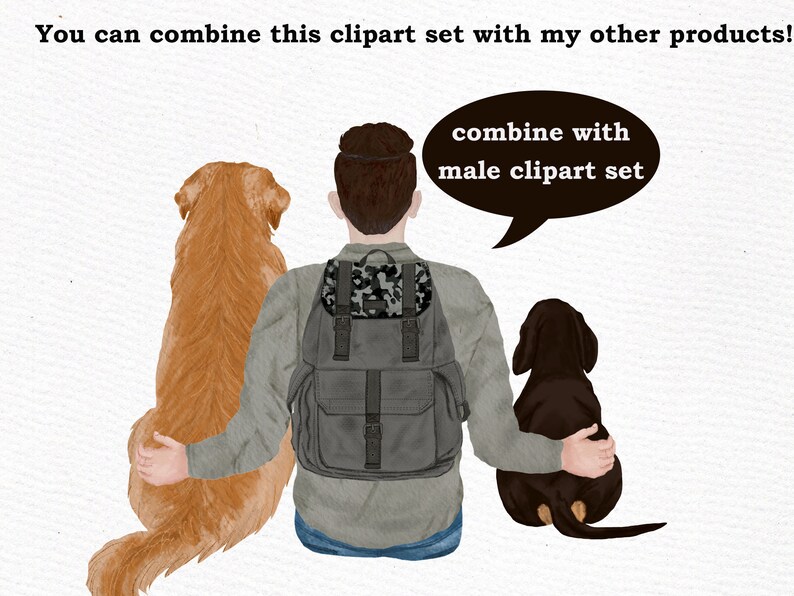 May include: A man with brown hair is standing between two dogs. The dog on the left is a golden retriever and the dog on the right is a black and brown dachshund. The man is wearing a grey shirt and a grey backpack with a camouflage pattern. The man is holding both dogs with his arms. The text "combine with male clipart set" is in a speech bubble above the man's head.
