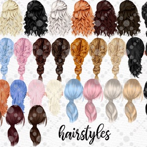 May include: A set of 30 digital illustrations of different hairstyles for women. The hairstyles are drawn in a cartoon style and feature a variety of colors, including blonde, brown, black, red, and pink.