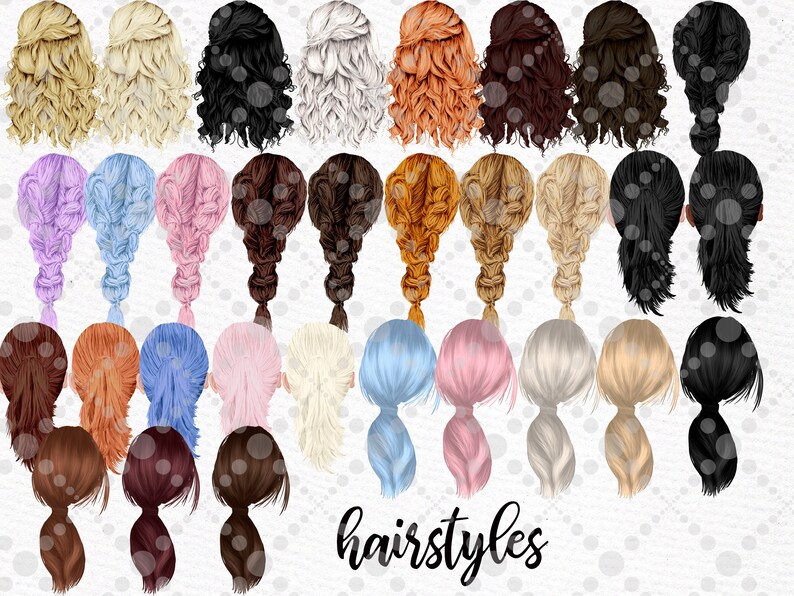 May include: A set of 30 digital illustrations of different hairstyles for women. The hairstyles are drawn in a cartoon style and feature a variety of colors, including blonde, brown, black, red, and pink.