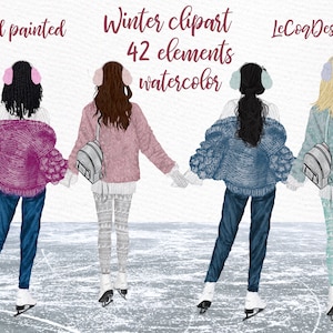 Winter Clipart: "beste vrienden" meisje clipart ijs schaatsen meisjes seizoen groeten Cusomizable clipart, planner clipart Besties mok design