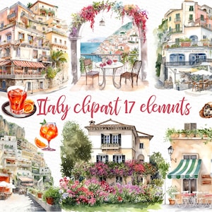 Italien Amalfi Clipart: "ITALY CLIPART" Straßen von Italien Aquarell Italien Landschaft Italien Sublimation Italien Architektur Schöne Villen Png