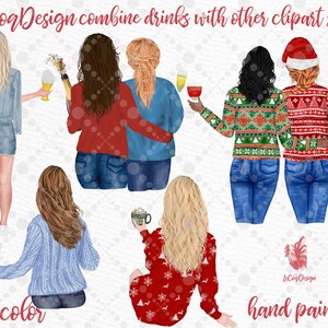 May include: Watercolor illustration of six women friends in various poses, wearing winter clothing and holding drinks. The illustration is hand-painted and features a festive theme.