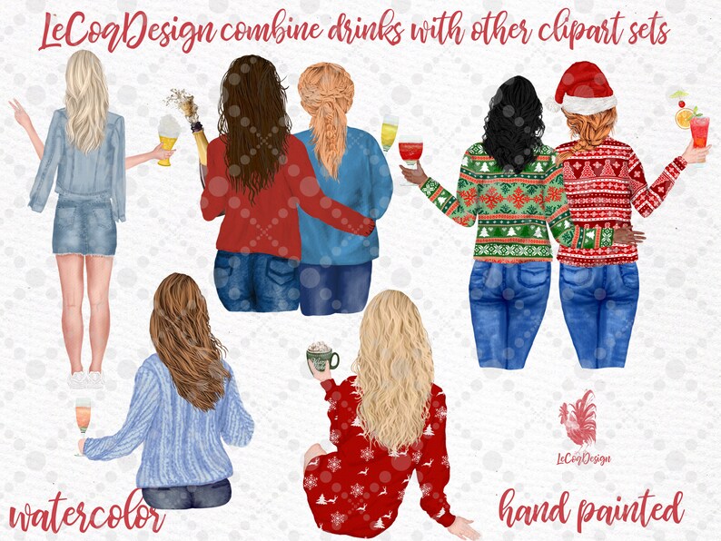 May include: Watercolor illustration of six women friends in various poses, wearing winter clothing and holding drinks. The illustration is hand-painted and features a festive theme.