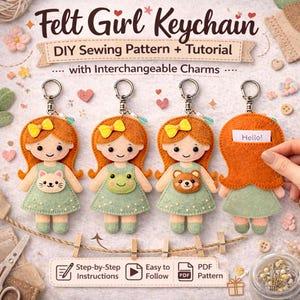 May include: Four felt girl keychains with orange hair, yellow bows, and green dresses. Each keychain has a different charm: a cat, a frog, a bear, and a "Hello!" sign. The keychains are attached to silver metal rings.