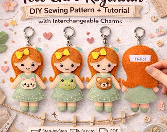Filz Mädchen Schlüsselanhänger Schnittmuster PDF, austauschbare Charms Schlüsselanhänger, DIY Filzpuppe Muster, Charm Clingers, PDF Tutorial