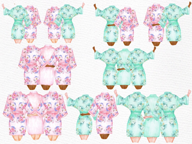 K&ouml;nnte beinhalten: Sechs Roben mit Blumenmuster in Rosa und Mintgr&uuml;n. Die Roben haben lange &Auml;rmel und einen Bindeg&uuml;rtel in der Taille.